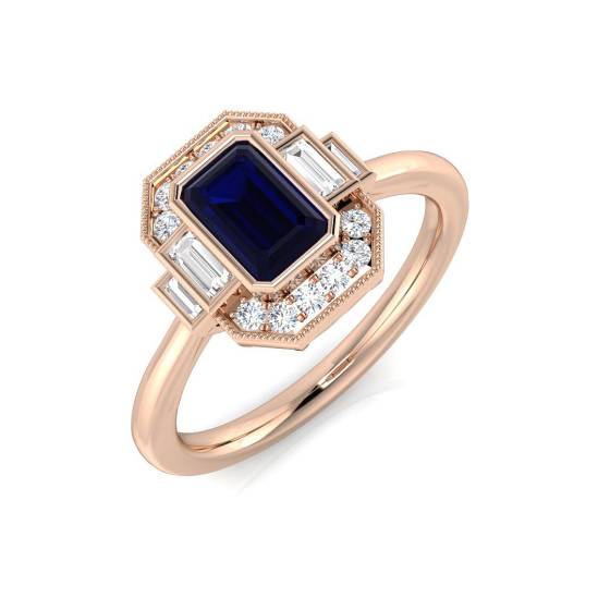 Emerald Cut Blue Sapphire Gemstone Bezel Set Ring