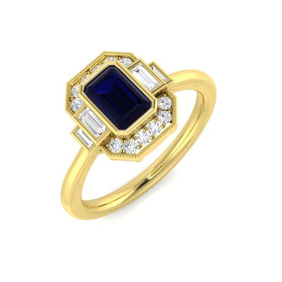 Emerald Cut Blue Sapphire Gemstone Bezel Set Ring