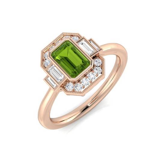 Emerald Cut Peridot Gemstone Bezel Set Ring
