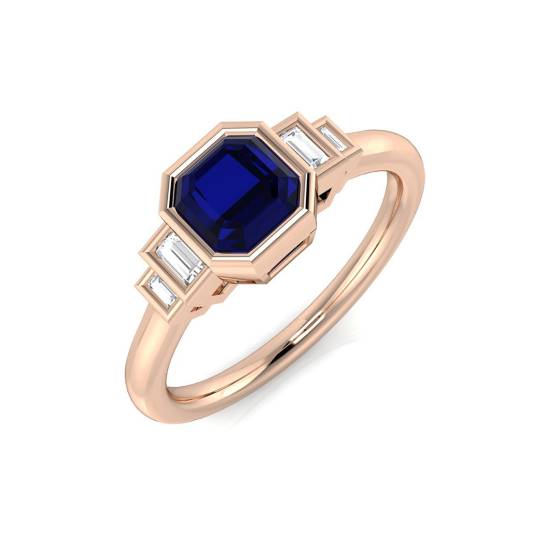 Emerald Cut Blue Sapphire Gemstone Bezel Set Ring