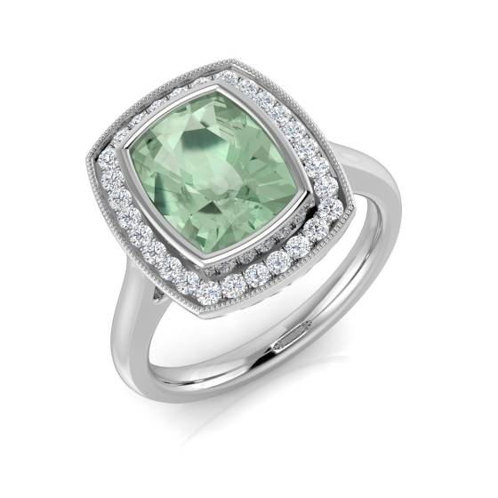 Cushion Green Amethyst Bezel Set Round Diamond Halo Ring