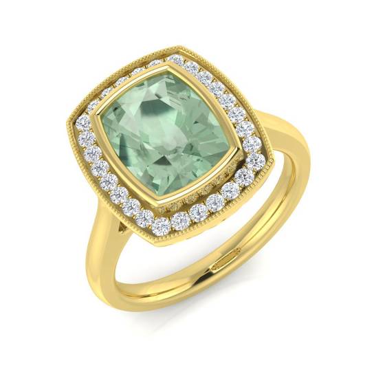 Cushion Green Amethyst Bezel Set Round Diamond Halo Ring