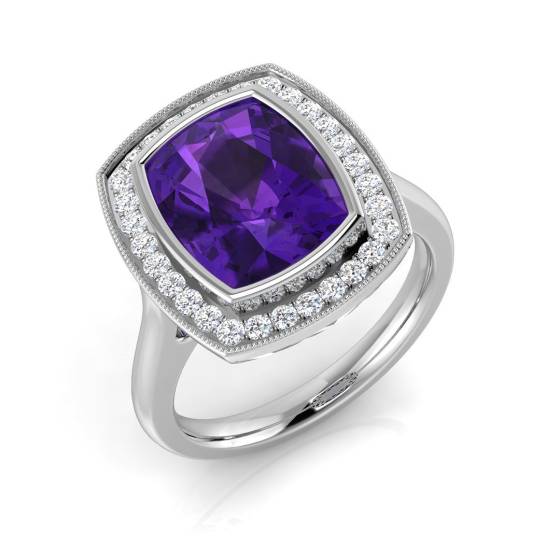 Cushion Cut Amethyst Gemstone Bezel Set Ring