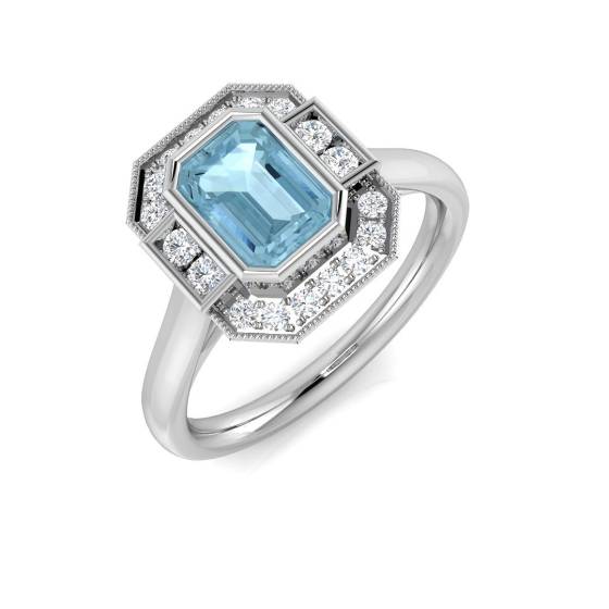 Emerald Cut Aquamarine Gemstone Bezel Set Halo Ring