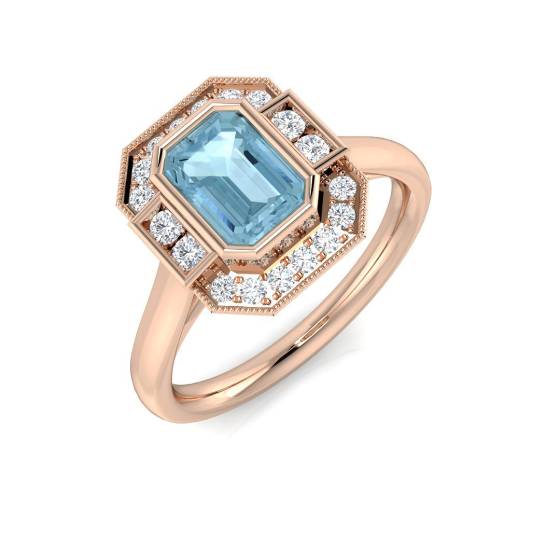 Emerald Cut Aquamarine Gemstone Bezel Set Halo Ring