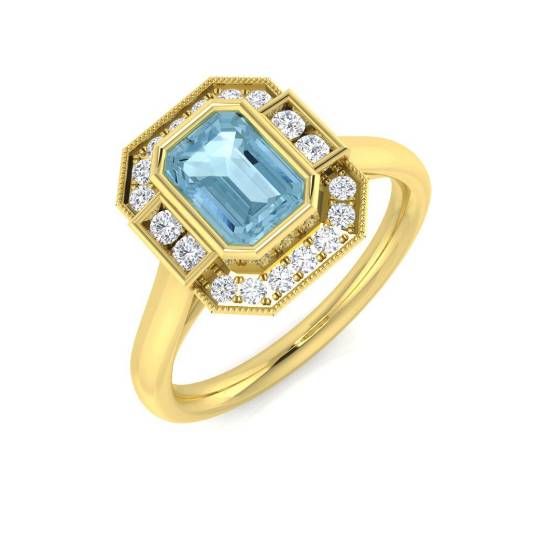 Emerald Cut Aquamarine Gemstone Bezel Set Halo Ring