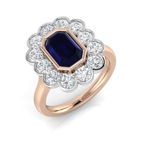 Emerald Cut Blue Sapphire Gemstone Bezel Set Halo Ring