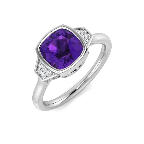 Cushion Cut Amethyst Gemstone Bezel Set Ring