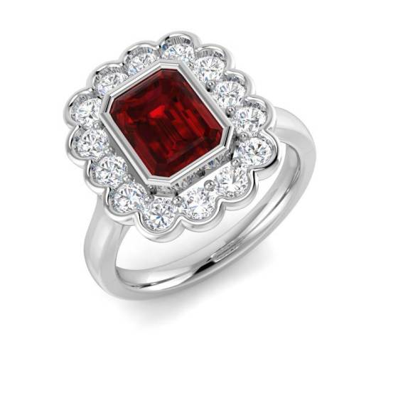 Emerald Cut Ruby Gemstone Bezel Set Halo Ring