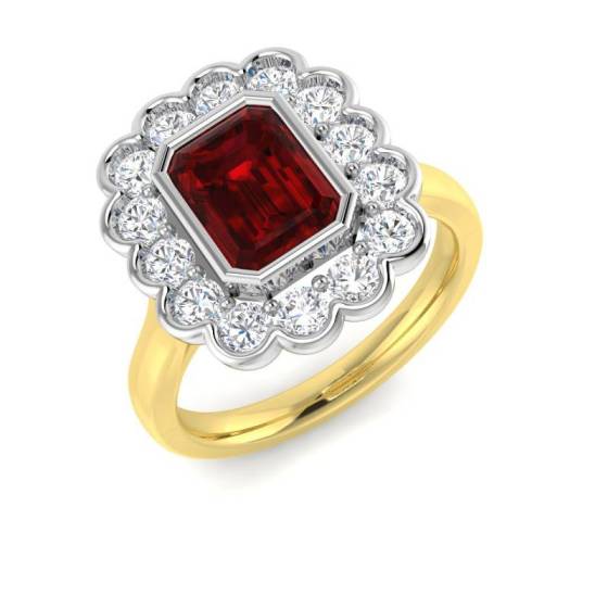 Emerald Cut Ruby Gemstone Bezel Set Halo Ring