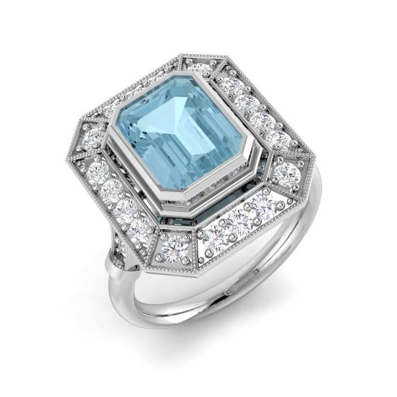 Emerald Cut Aquamarine Gemstone Bezel Set Halo Ring