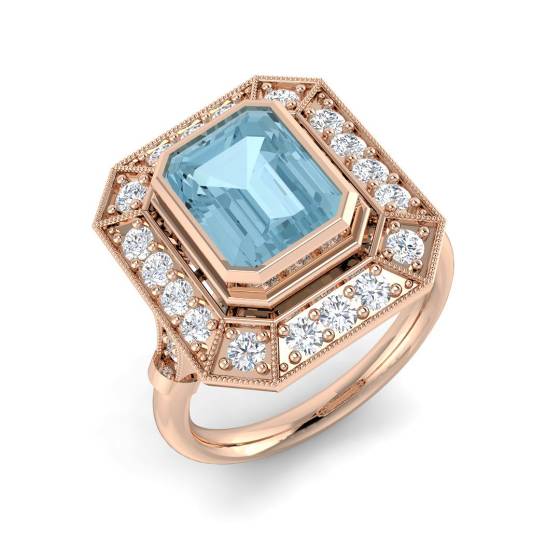 Emerald Cut Aquamarine Gemstone Bezel Set Halo Ring