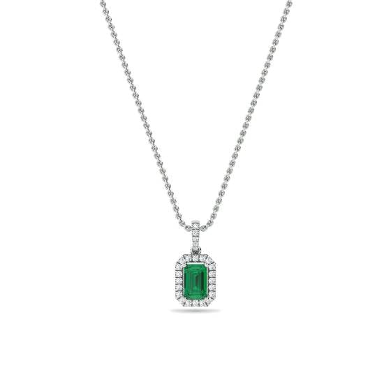 Green Emerald and Diamond Halo Pendant