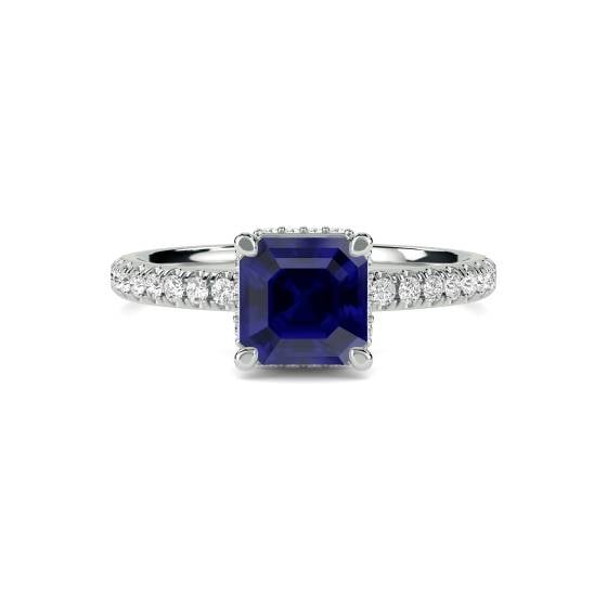 Asscher Blue Sapphire Gemstone Halo Ring