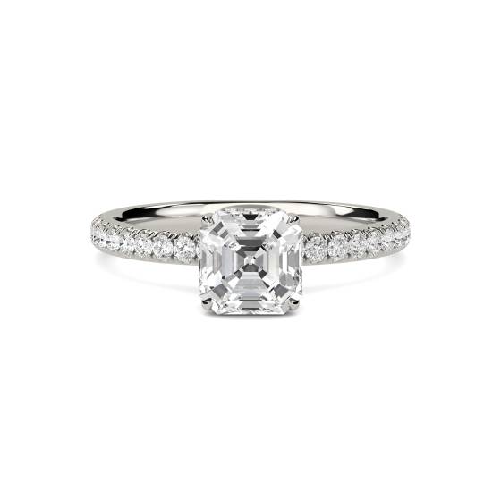 Asscher Diamond High Set Hidden Halo Shoulder Set Ring