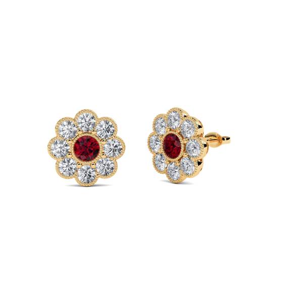 Round Ruby and Diamond Cluster Earrings