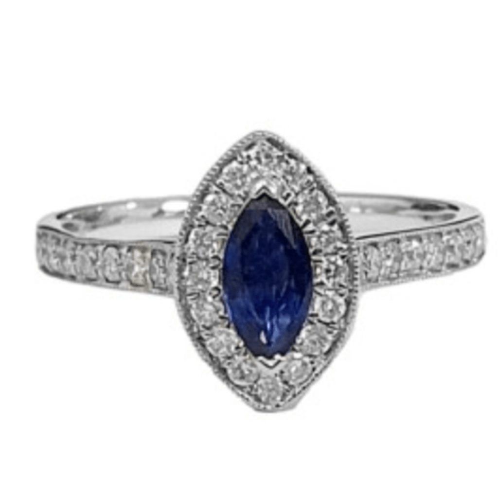 Marquise Shaped Blue Sapphire Halo Gemstone Ring