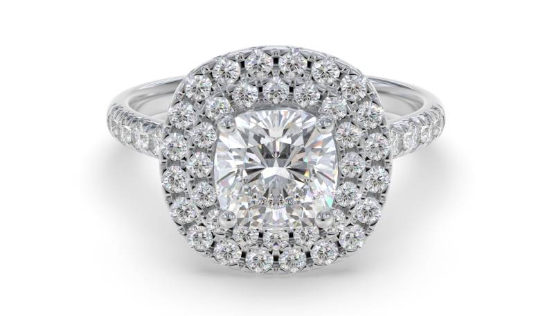 Cushion Diamond Double Halo Shoulder Set Ring