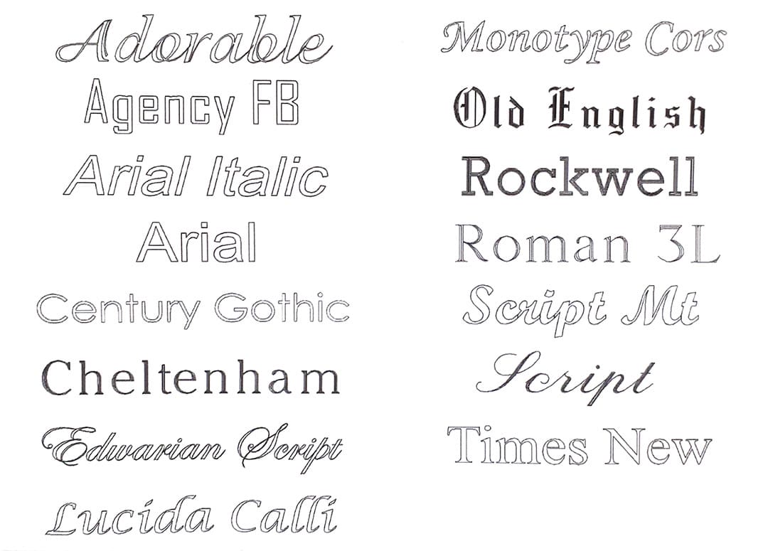 Engraving font type list